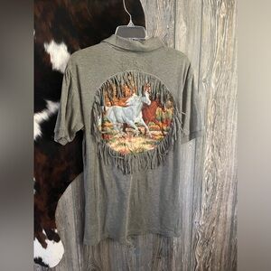 David Taylor size medium reworked fringe back horse print polo